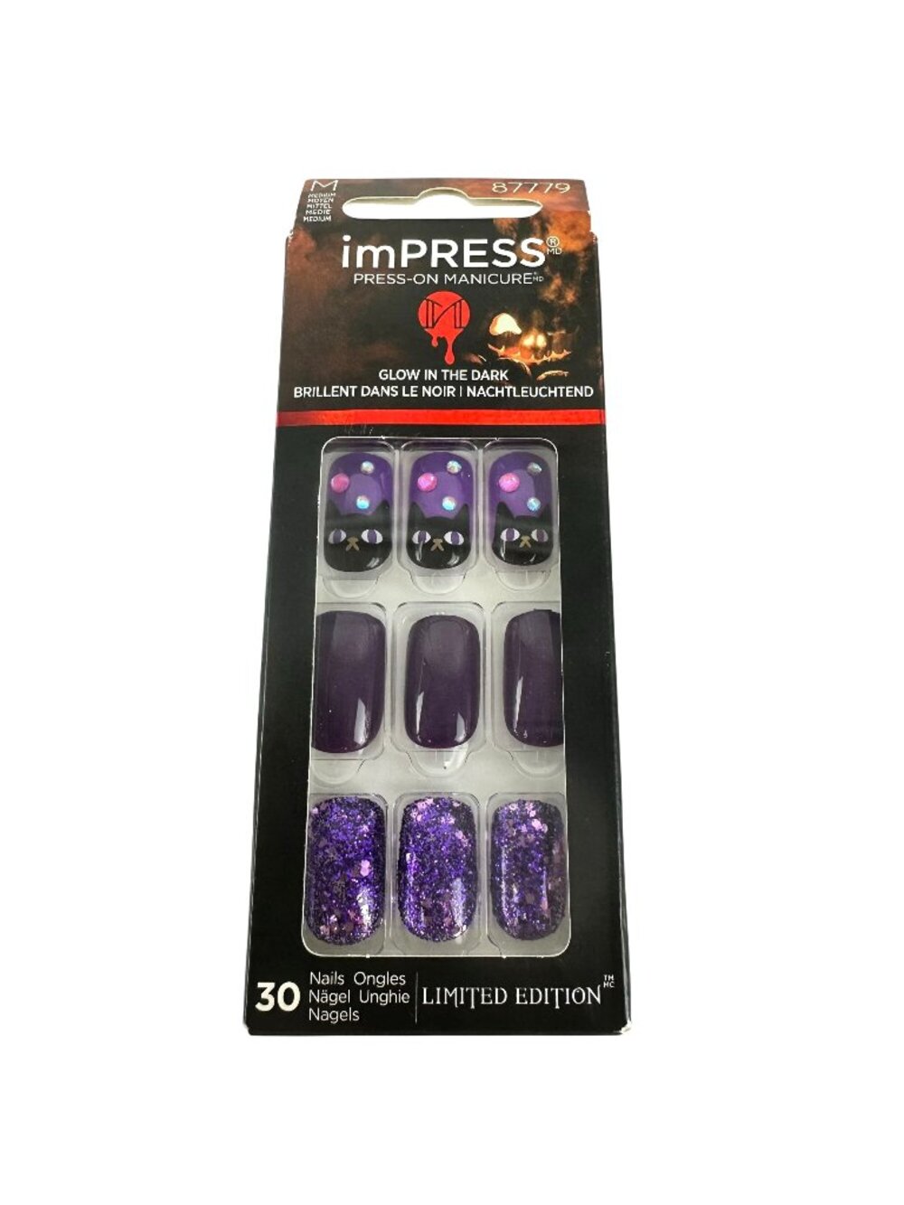 ImPress Halloween Glow In The Dark Cat Purple Glitter Press-On Nails